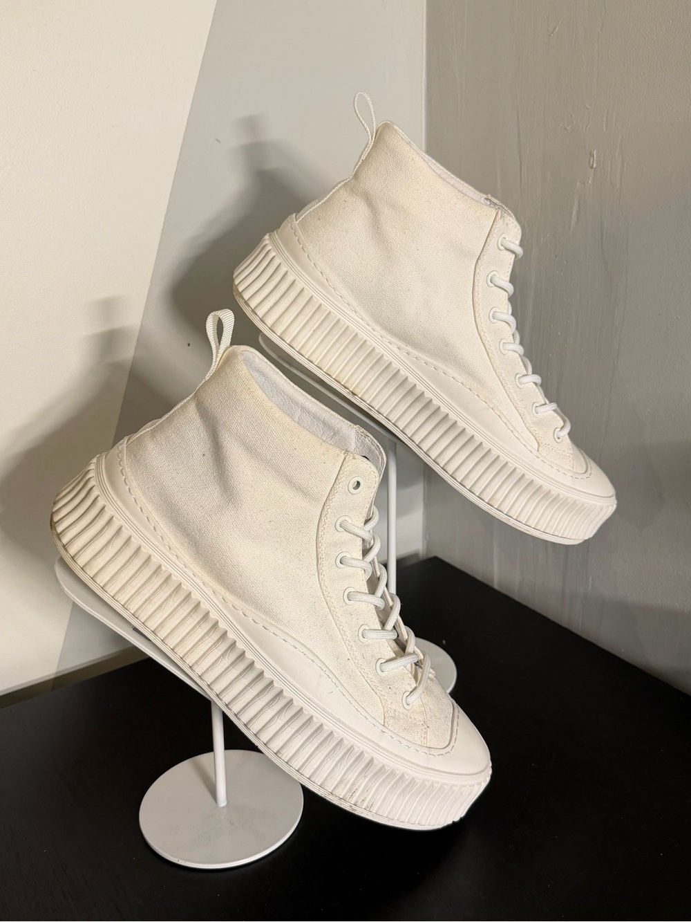 High-Top Canvas Sneakers in Cream with Ribbed Platform Sole